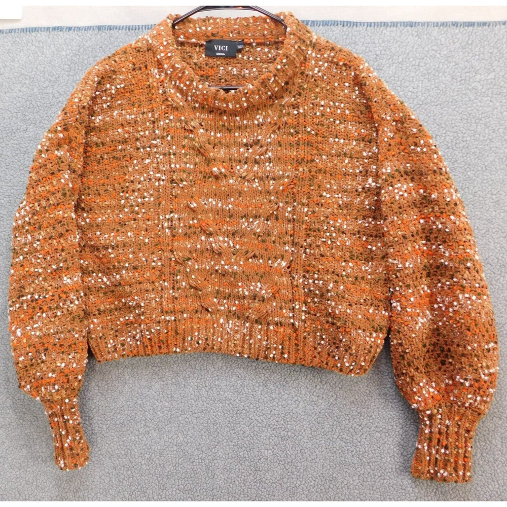 Vici Sweater Womens Small Rust Puff Sleeve Crew Cable Knit Ragg